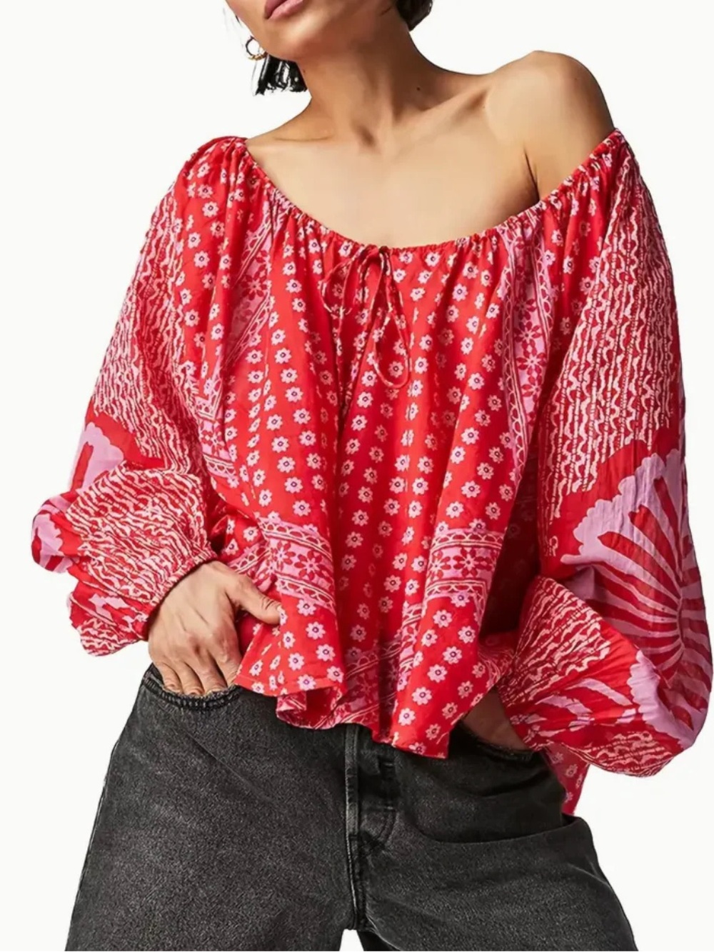 FREE PEOPLE Boho Floral Printed Flowy Blouse - Size XS - Red Combo - NWT - Picture 10 of 16